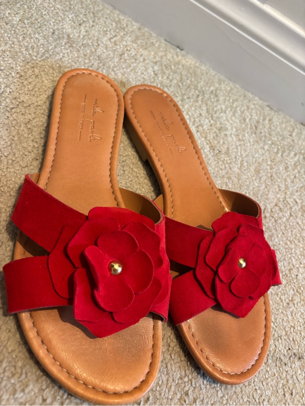 Mila Paoli Made in Italy Red Suede Floral Camellia Slide Flat Sandals 10